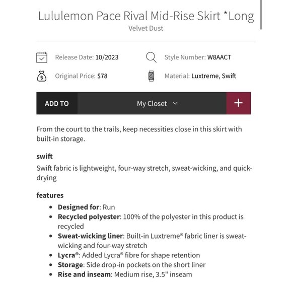 Lululemon Skirt New Size 2 Long Pace Rival Mid-Rise Athletic Skort Velvet Dust - Picture 14 of 15